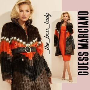 Guess Marciano faux fur coat belted jacket color block 4